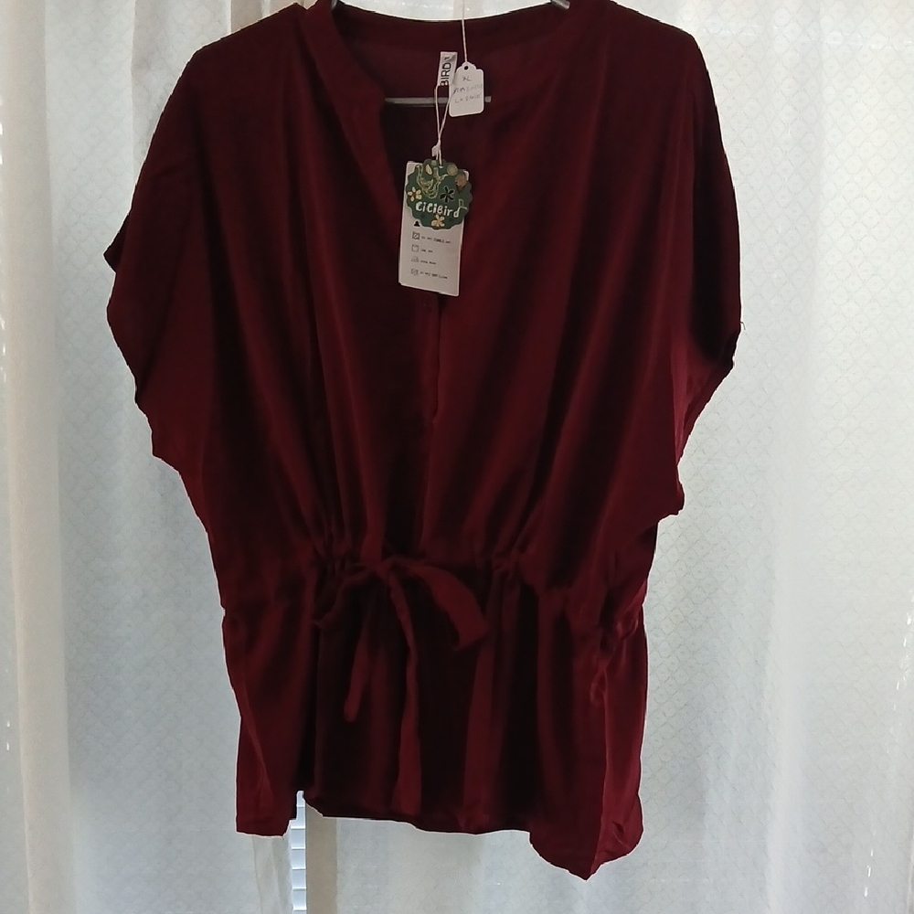 CICIBIRD Red Women's Cinch Waist Button Up Blouse